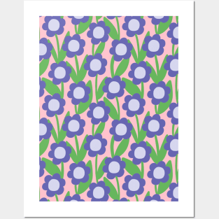 Minimal daisy flower pattern in pink and blue Posters and Art